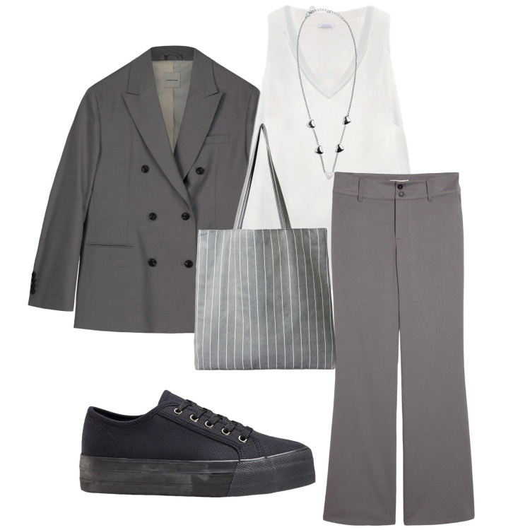 Outfit donna - Total look #2264393. Stile Casual per Tutti i giorni. Abbinamento con pantaloni, sneakers, shopping bag, collane, top, blazer.