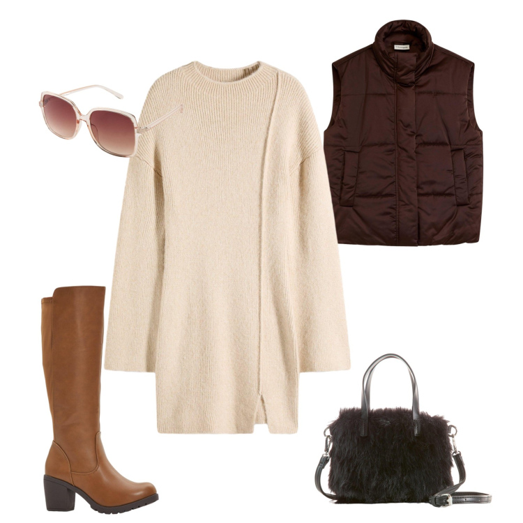 Outfit donna - Total look #2264395. Stile Casual per Tutti i giorni. Abbinamento con vestiti corti, stivali, piumini, occhiali da sole, borse a mano.