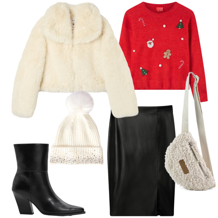 Outfit donna - Aria di festa. Stile Chic per Serata fuori. Abbinamento con stivaletti, gonne longuette, berretti, ecopellicce, maglieria, marsupi.