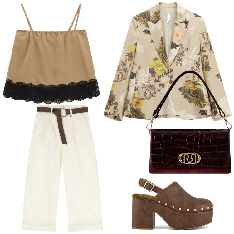 Outfit donna - Benvenuta primavera. Stile Chic per Ufficio. Abbinamento con borse a mano, blazer, pantaloni, top, sabot.