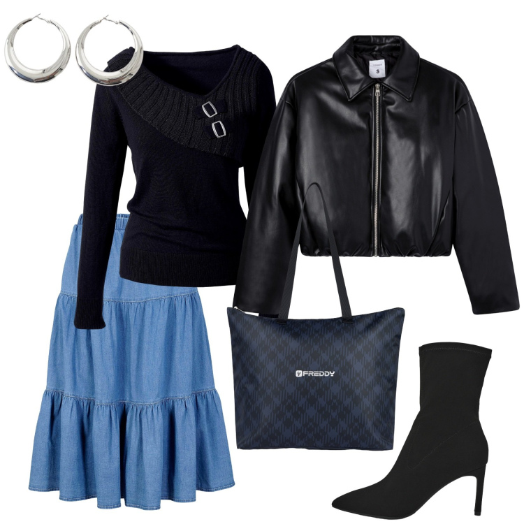 Outfit donna - Di martedì. per Tutti i giorni. Abbinamento con maglieria, gonne longuette, giacche, stivali, shopping bag, orecchini.