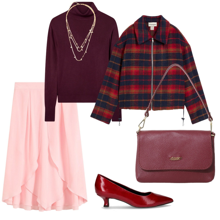 Outfit donna - La gonna rosa. per Ufficio. Abbinamento con gonne longuette, collane, blazer, maglieria, borse a tracolla, décolleté.