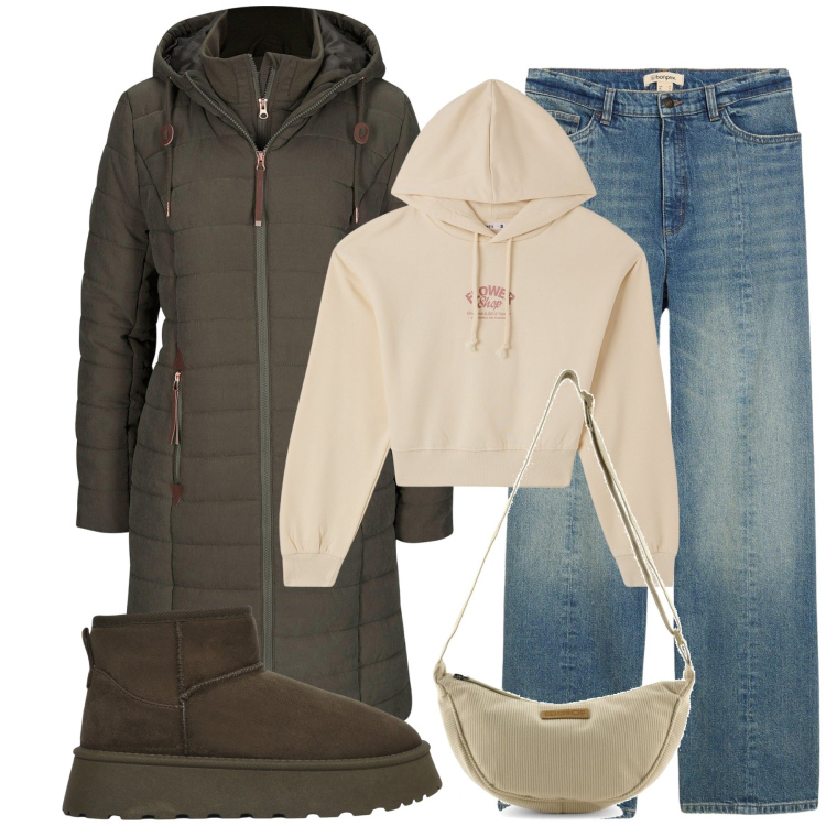 Outfit donna - Sportiva. Stile Urban per Tutti i giorni. Abbinamento con blazer, jeans dritti, felpe con cappuccio, stivali, borse a tracolla.