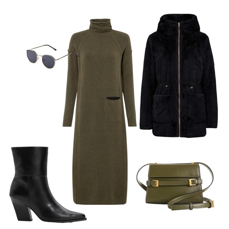 Outfit donna - Total look #2264403. Stile Casual chic per Ufficio. Abbinamento con vestiti, ecopellicce, stivaletti, occhiali da sole, borse a tracolla.