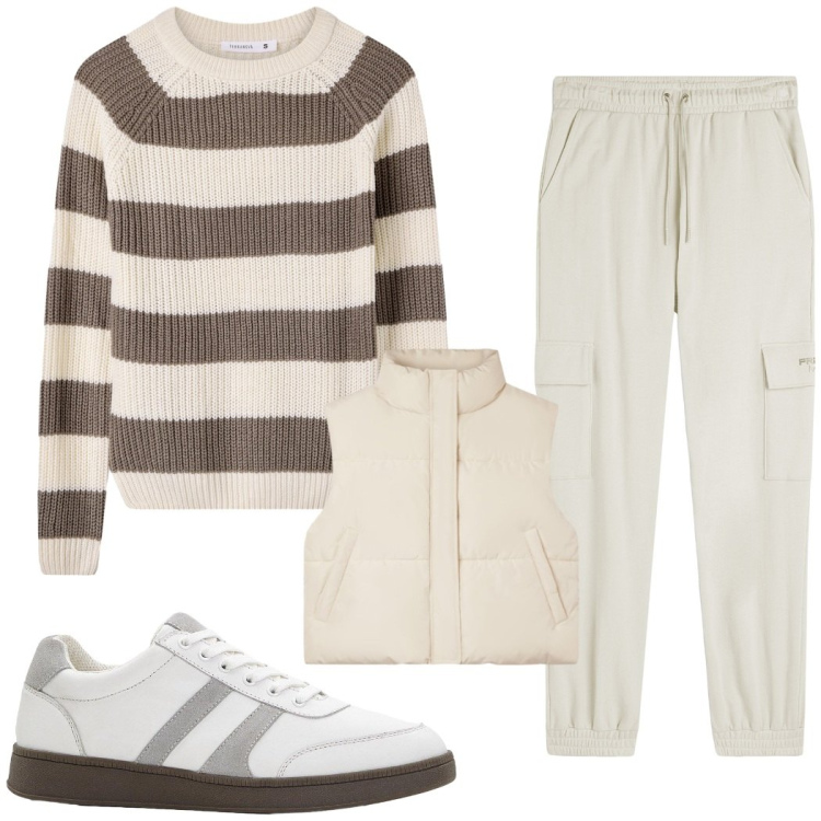 Outfit donna - Tempo libero. Stile Casual per Tutti i giorni. Abbinamento con sneakers, piumini, maglieria, pantaloni cargo.