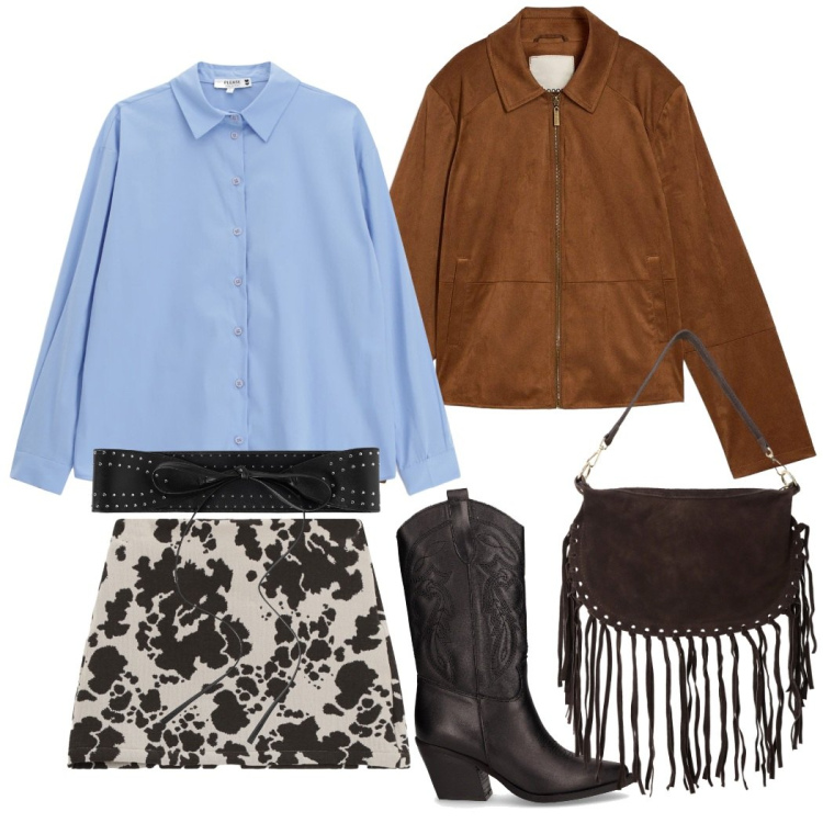Outfit donna - Country style. Stile Casual chic per Tutti i giorni. Abbinamento con blazer, cinture, camicie, minigonne, borse a tracolla, stivali.