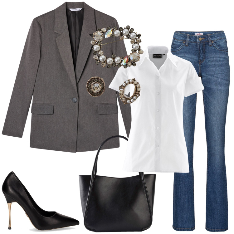 Outfit donna - Elegante con stile. Stile Casual chic per Tutti i giorni. Abbinamento con camicie a manica corta, jeans bootcut, shopping bag, blazer, cappotti, décolleté.