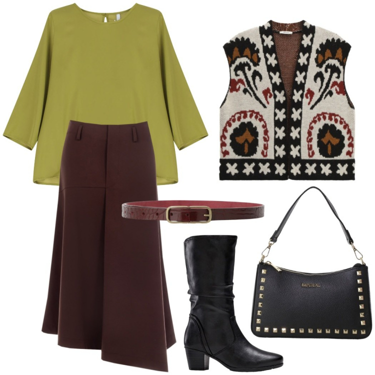 Outfit donna - Total look #2264416. Stile Casual chic per Ufficio. Abbinamento con stivali, gilet, cinture, gonne longuette, pochette, bluse.