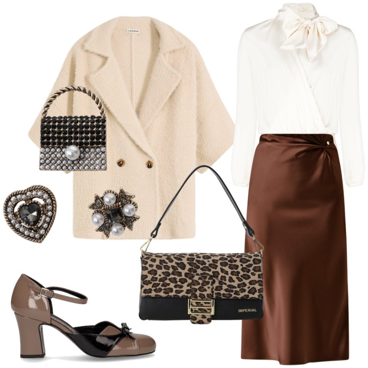 Outfit donna - Classico con brio. Stile Chic per Serata fuori. Abbinamento con cardigans, bluse, gonne longuette, borse a spalla, accessori per capelli, décolleté.