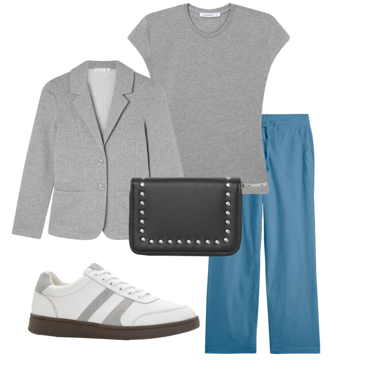Outfit donna - Total look #2264419. Stile Casual per Tutti i giorni. Abbinamento con sneakers, pantaloni a palazzo, t-shirt, portafogli, blazer.
