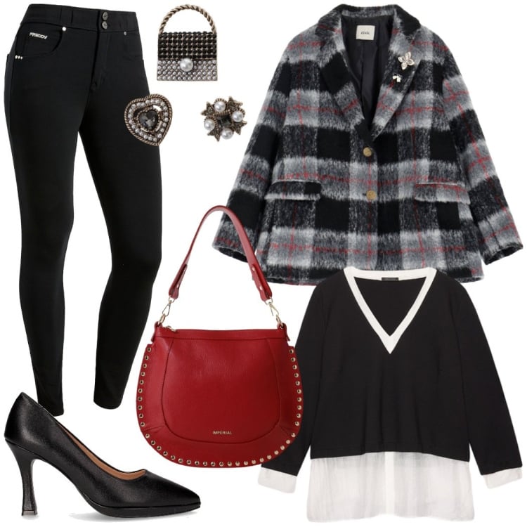 Outfit donna - City. Stile Casual chic per Tutti i giorni. Abbinamento con blazer, accessori per capelli, borse a spalla, pantaloni skinny, camicie, décolleté.