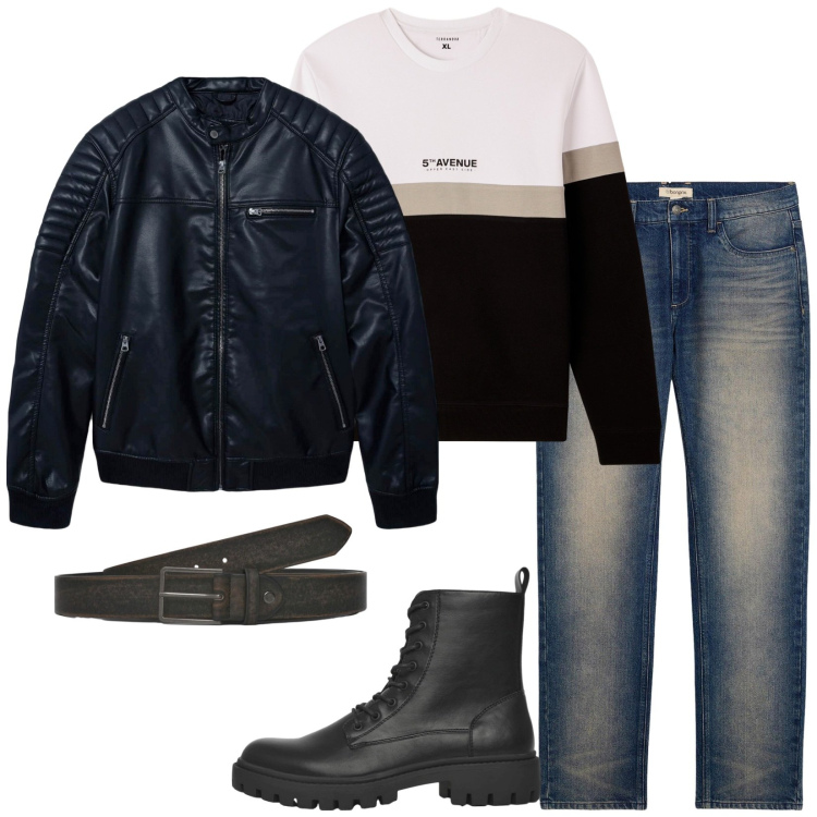 Outfit uomo - Rocky tuesday. Stile Biker Rock per Tutti i giorni. Abbinamento con jeans dritti, giacche, anfibi, cinture, felpe.