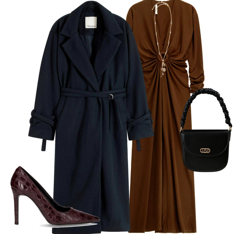Outfit donna - Cerimonia fine ottobre. Stile Chic per Cerimonia. Abbinamento con cappotti, borse a mano, vestiti lunghi, décolleté, ciondoli.