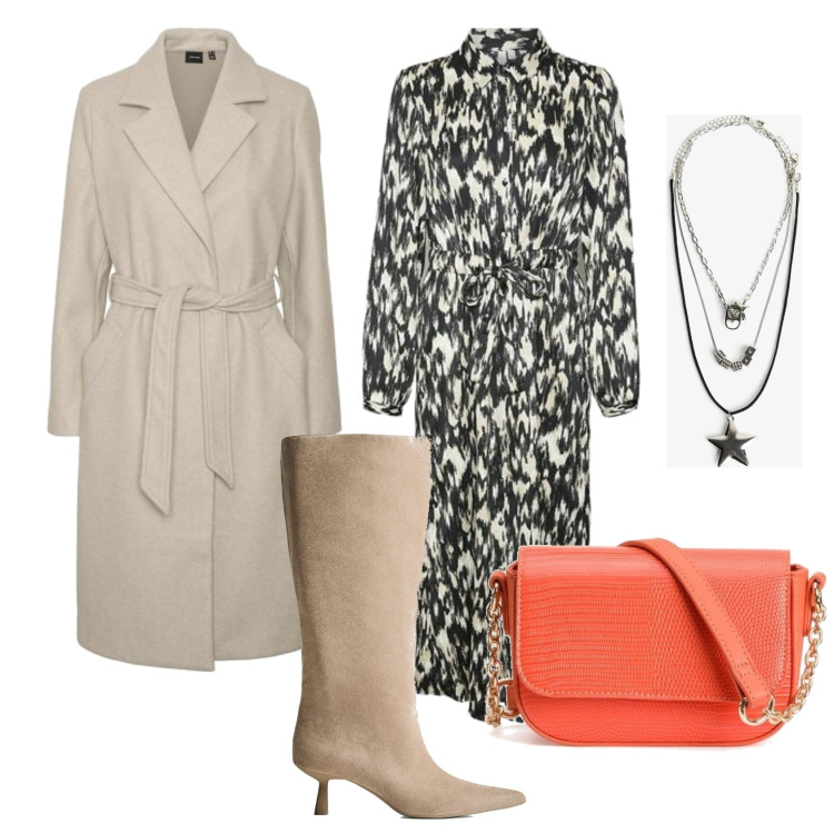 Outfit mujer - Bon Ton #5947. Estilo Bon Ton para Oficina. Combinación con collares, vestidos camiseros, bandoleras, botas, abrigos.