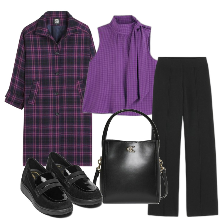 Outfit mujer - Preppy #705. Estilo Preppy para Oficina. Combinación con abrigos, pantalones, camisas, mocasines, bolsos saco.