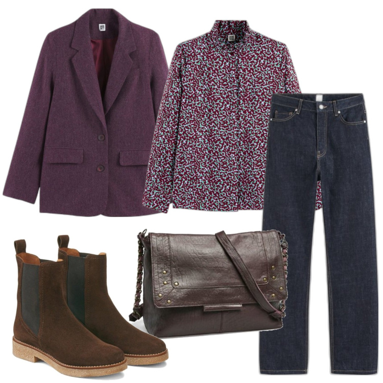 Outfit mujer - Casual chic #16932. Estilo Casual chic para Oficina. Combinación con bandoleras, botines, vaqueros rectos, camisas, blazers.