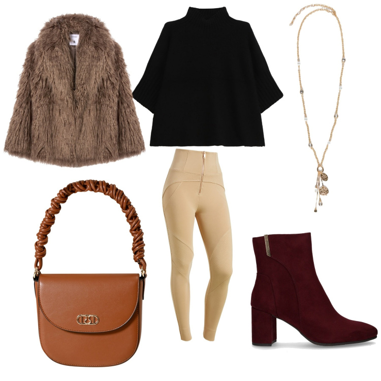 Outfit donna - Sempre chic. Stile Casual chic per Tutti i giorni. Abbinamento con ecopellicce, borse a mano, pantaloni skinny, maglieria, stivaletti, ciondoli.