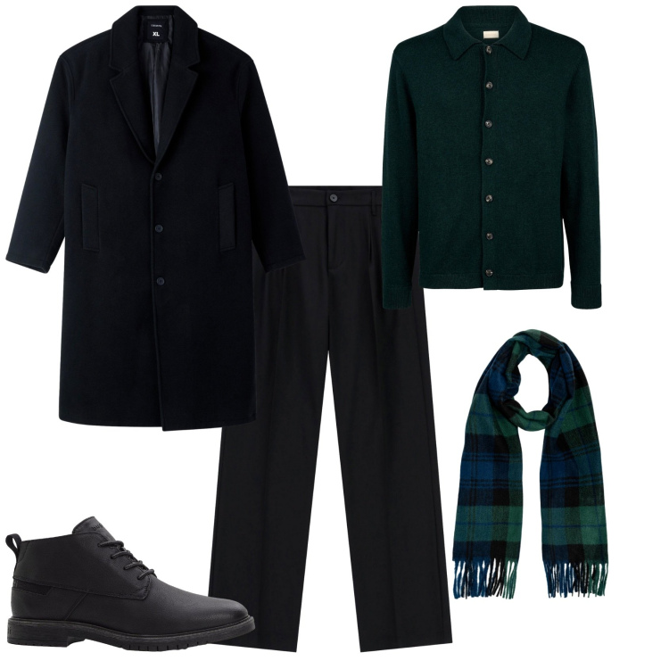Outfit uomo - Total look #2264444. Stile Trendy per Tutti i giorni. Abbinamento con stivali e stivaletti, cappotti, pantaloni, sciarpe, polo.