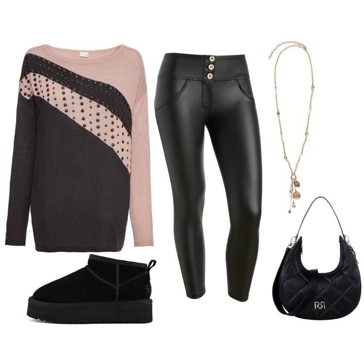 Outfit donna - Romantica a modo mio. Stile Casual per Tutti i giorni. Abbinamento con maglieria, borse a tracolla, pantaloni skinny, ciondoli, stivaletti.