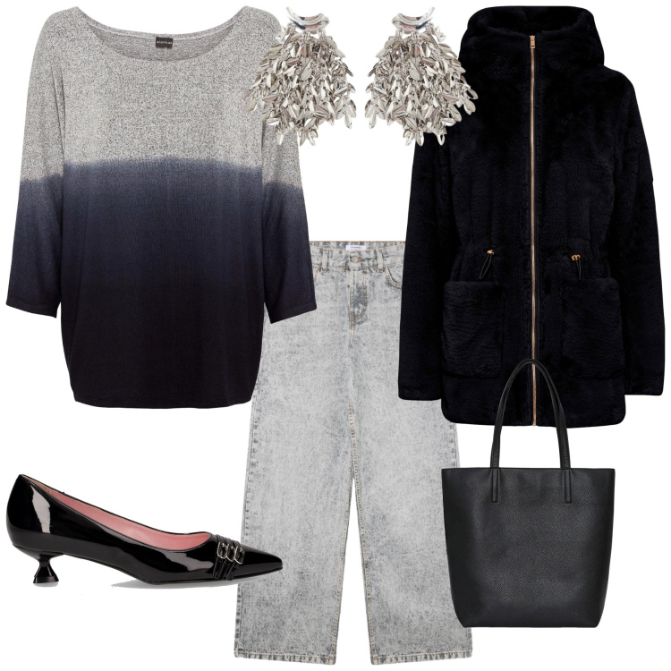Outfit donna - Total look #2264446. Stile Casual chic per Ufficio. Abbinamento con maglieria, ecopellicce, borse tote, jeans boyfriend, orecchini, décolleté.