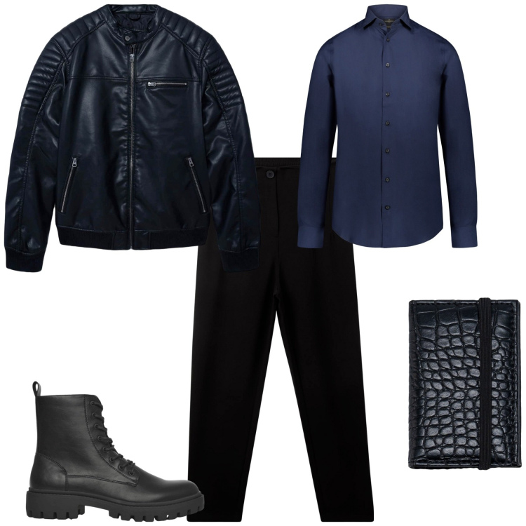 Outfit uomo - Total look #2264447. Stile Urban per Tutti i giorni. Abbinamento con pantaloni chino, giacche, anfibi, camicie, portafogli.
