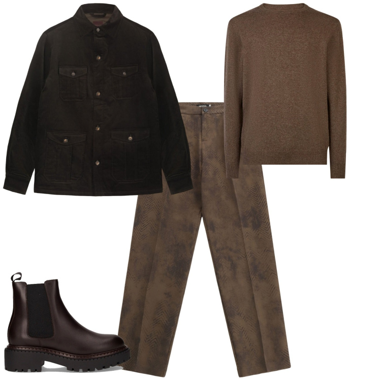 Outfit uomo - Total look #2264449. Stile Trendy per Tutti i giorni. Abbinamento con pantaloni, cappotti, maglieria, stivali e stivaletti.