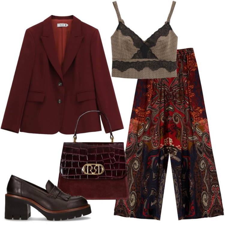 Outfit donna - Happy hour con le amiche. Stile Glamour per Serata fuori. Abbinamento con blazer, pantaloni a palazzo, top, borse a mano, décolleté.