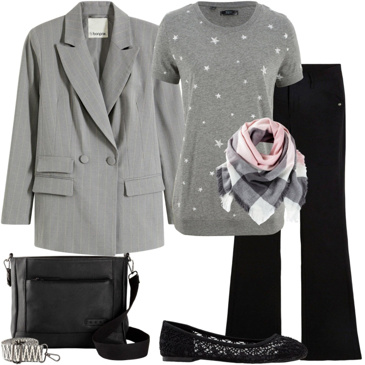 Outfit donna - Natural grey. Stile Sporty chic per Ufficio. Abbinamento con pantaloni, blazer, foulard, borse a tracolla, ballerine, maglieria.