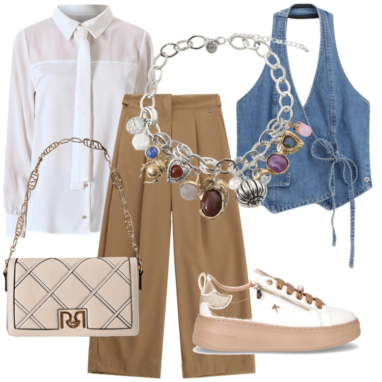 Outfit donna - Bellezza naturale. Stile Casual per Ufficio. Abbinamento con gilet, borse a tracolla, camicie, braccialetti con ciondoli, pantaloni a palazzo, sneakers.