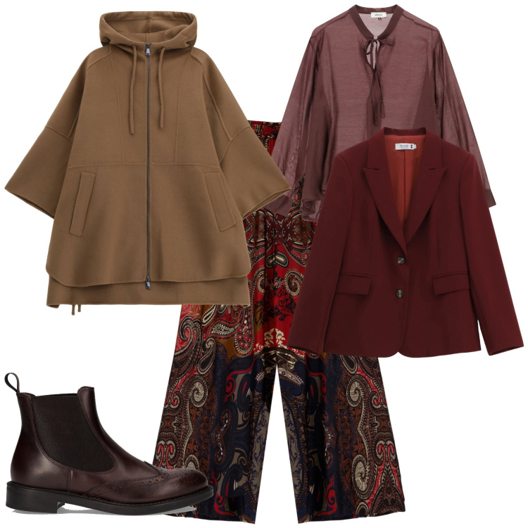 Outfit donna - Total look #2264457. Stile Casual chic per Tutti i giorni. Abbinamento con blazer, cappotti, pantaloni a palazzo, camicie, stivaletti chelsea.