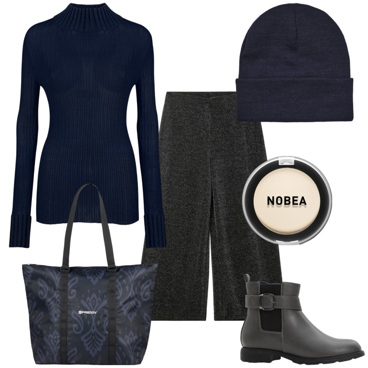 Outfit donna - all\'Università. Stile Casual chic per Scuola/Università. Abbinamento con stivaletti chelsea, ombretti, pantaloni culotte, berretti, shopping bag, maglieria.