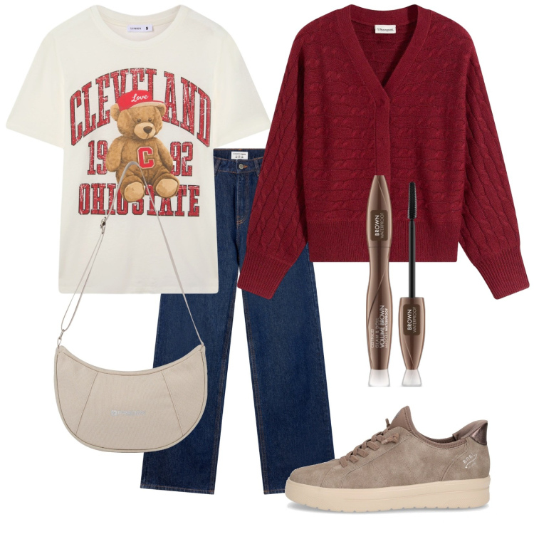 Outfit donna - Fresco casual. Stile Casual per Tutti i giorni. Abbinamento con cardigans, mascara, jeans, t-shirt, borse a spalla, sneakers.