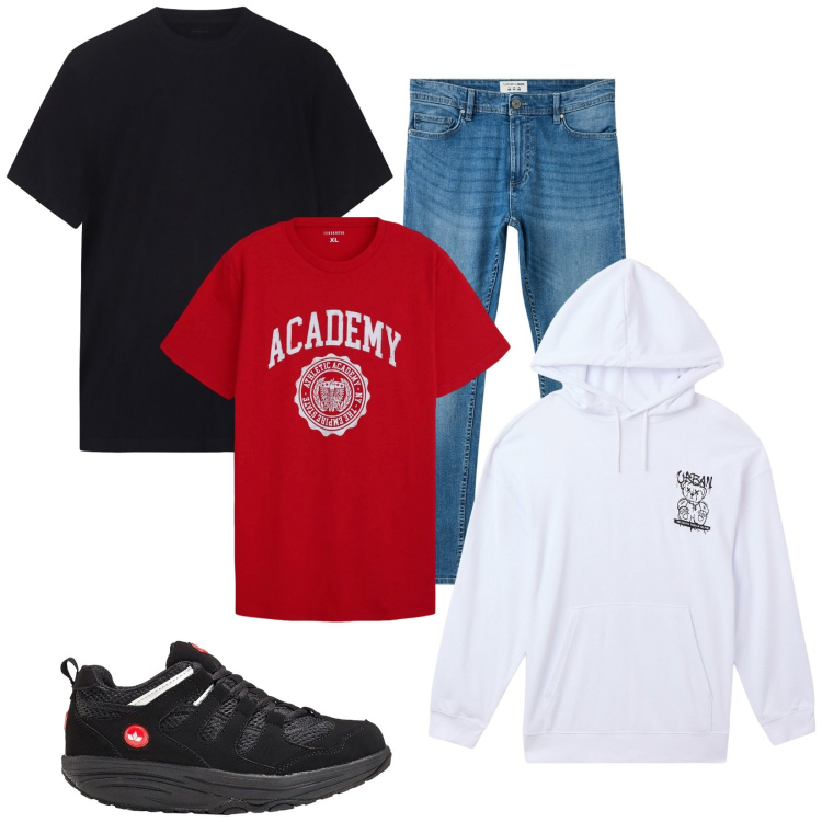 Outfit uomo - Casual. Stile Casual per Tutti i giorni. Abbinamento con sneakers, jeans skinny, felpe con cappuccio, t-shirt sportive, t-shirt.