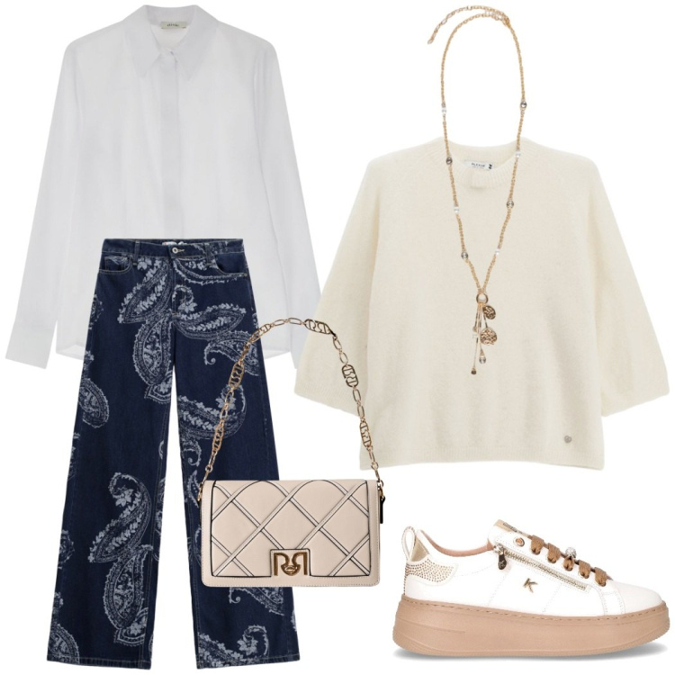 Outfit donna - Eleganza e comfort da città. Stile Casual chic per Tutti i giorni. Abbinamento con pullovers, jeans, camicie, borse a tracolla, sneakers, ciondoli.