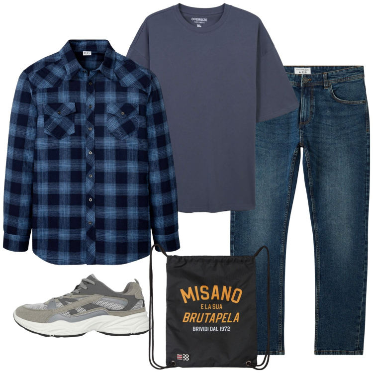 Outfit uomo - Sottobosco autunnale. Stile Casual per Sport. Abbinamento con camicie, borse sportive, jeans, sneakers, t-shirt.