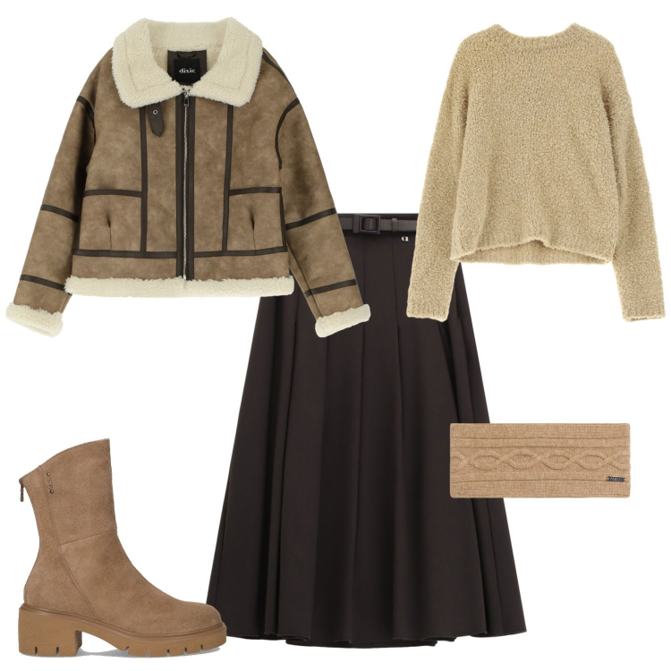 Outfit donna - Total look #2264468. Stile Sporty chic per Tutti i giorni. Abbinamento con blazer, pullovers, gonne longuette, accessori per capelli, stivaletti.