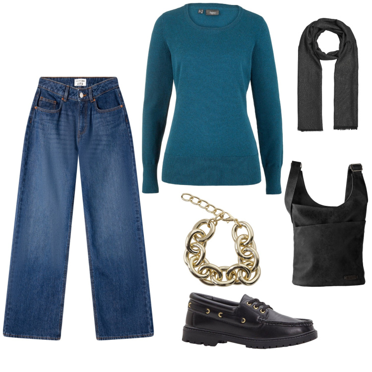 Outfit donna - Viandante. Stile Casual chic per Tutti i giorni. Abbinamento con borse a tracolla, mocassini, maglieria, jeans, foulard, portafogli.