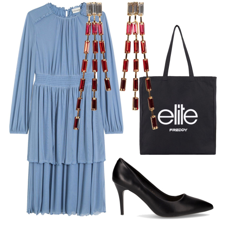 Outfit donna - Ristorante. Stile Bon Ton per Tutti i giorni. Abbinamento con vestiti, orecchini, shopping bag, décolleté.