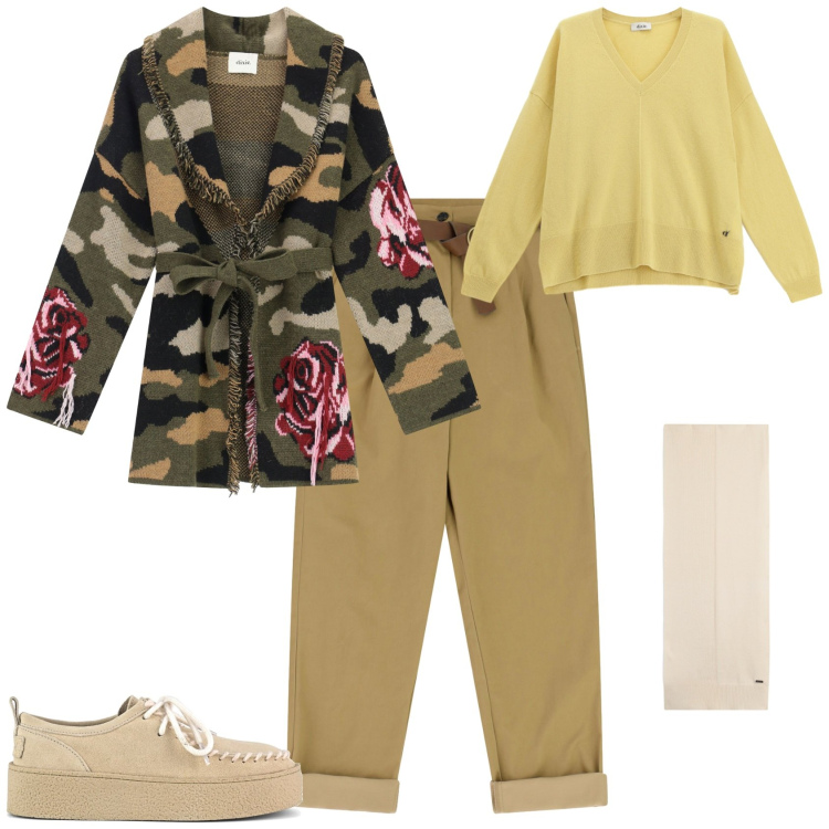 Outfit donna - Total look #2264478. Stile Casual chic per Tutti i giorni. Abbinamento con pantaloni, cardigans, maglieria, sciarpe, mocassini.