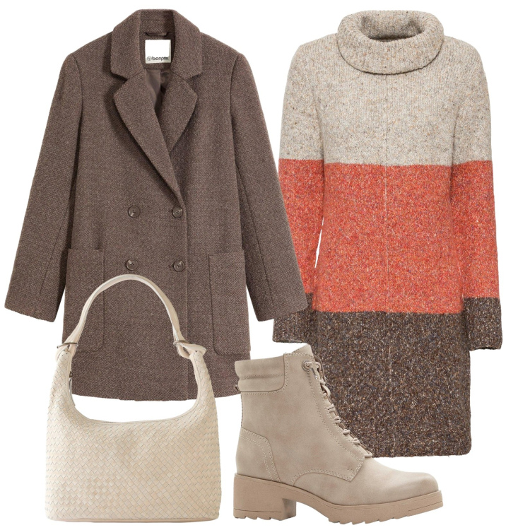 Outfit donna - Calda e naturale. Stile Casual per Tutti i giorni. Abbinamento con vestiti, stivaletti, cappotti, shopping bag.