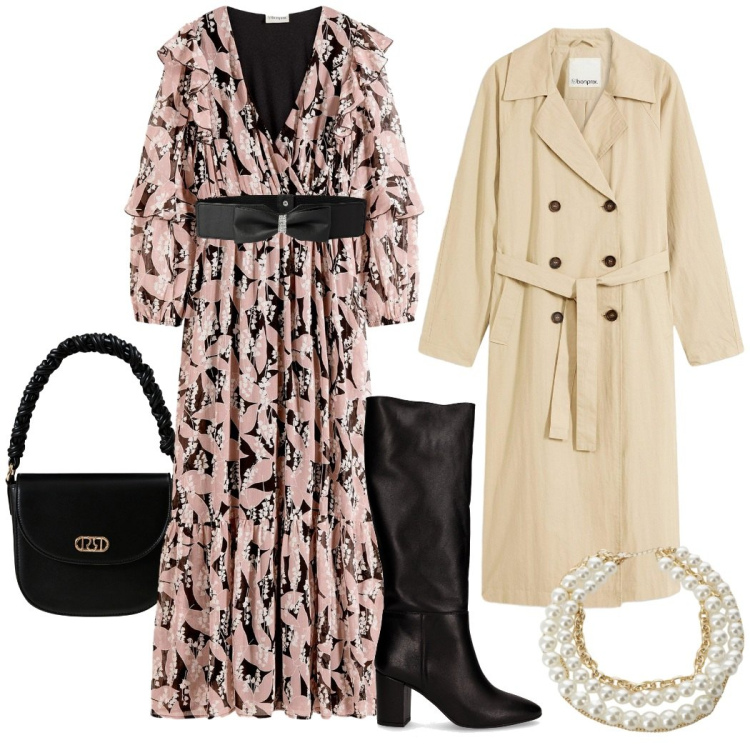 Outfit donna - Autunno romantico. Stile Romantica per Tutti i giorni. Abbinamento con vestiti, trench, cinture, borse a mano, collane, stivali.