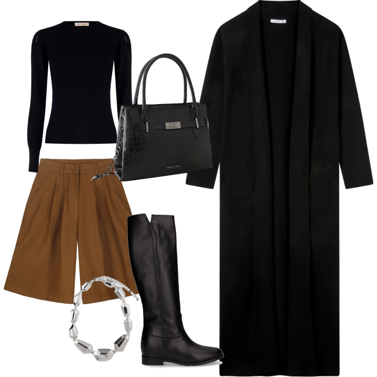 Outfit donna - Giro in centro. Stile Casual chic per Tutti i giorni. Abbinamento con borse a mano, cardigans, maglieria, bermuda, stivali, ciondoli.