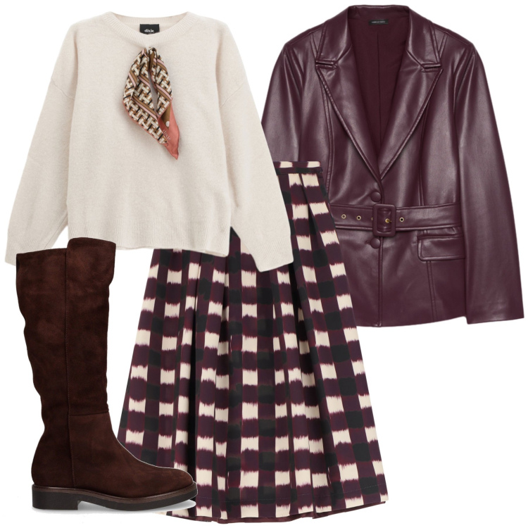 Outfit donna - Total look #2264486. Stile Casual per Tutti i giorni. Abbinamento con gonne longuette, maglieria, stivali, blazer.