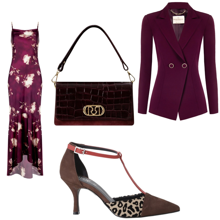 Outfit donna - Invitata in autunno. Stile Glamour per Cerimonia. Abbinamento con vestiti lunghi, borse a mano, blazer, décolleté.
