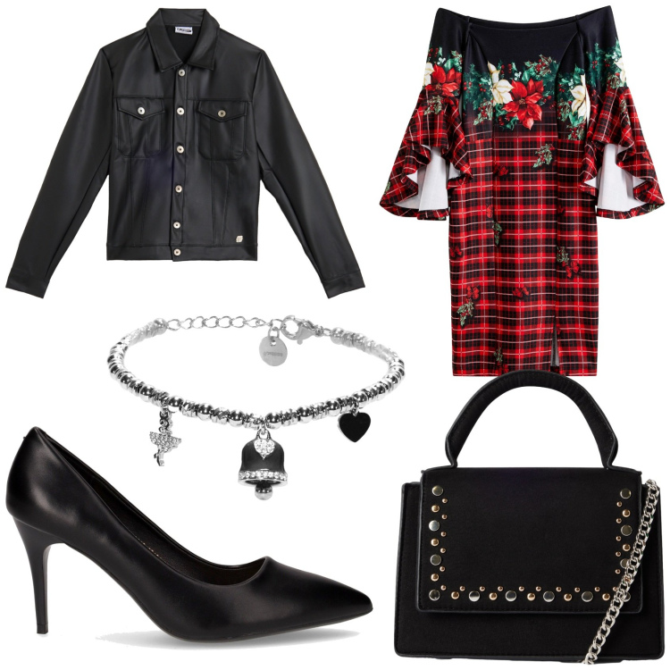 Outfit donna - L\'abito eccentrico. Stile Chic per Serata fuori. Abbinamento con vestiti, borse a tracolla, giacche, braccialetti, décolleté.