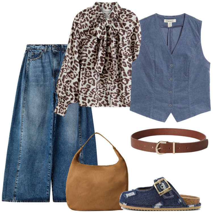 Outfit donna - In centro. Stile Basic per Tutti i giorni. Abbinamento con camicie, gilet, borse a mano, cinture, jeans, sabot.