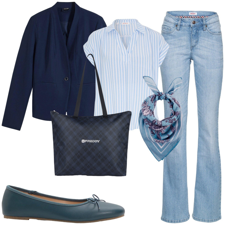 Outfit donna - Semplice e disinvolta. Stile Casual per Tutti i giorni. Abbinamento con jeans bootcut, blazer, bluse, foulard, ballerine, shopping bag.
