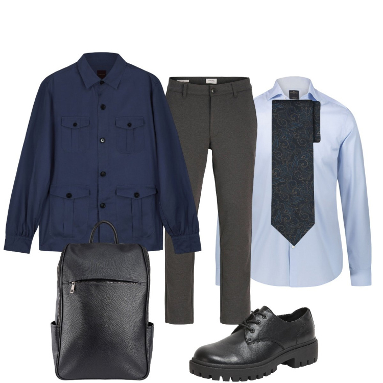 Outfit uomo - Appuntamento di lavoro. Stile Business/Elegante per Ufficio. Abbinamento con pantaloni chino, scarpe stringate, camicie, cappotti, cravatte, borse sportive.