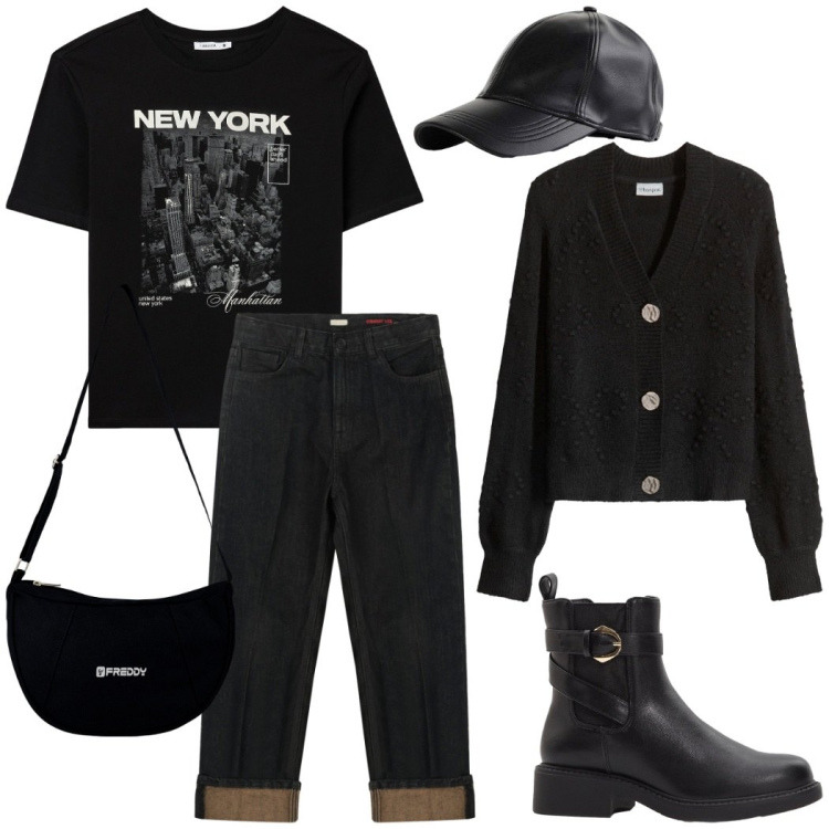 Outfit donna - Total black. Stile Urban per Scuola/Università. Abbinamento con cardigans, stivaletti chelsea, cappelli con visiera, t-shirt, borse a spalla, jeans dritti.