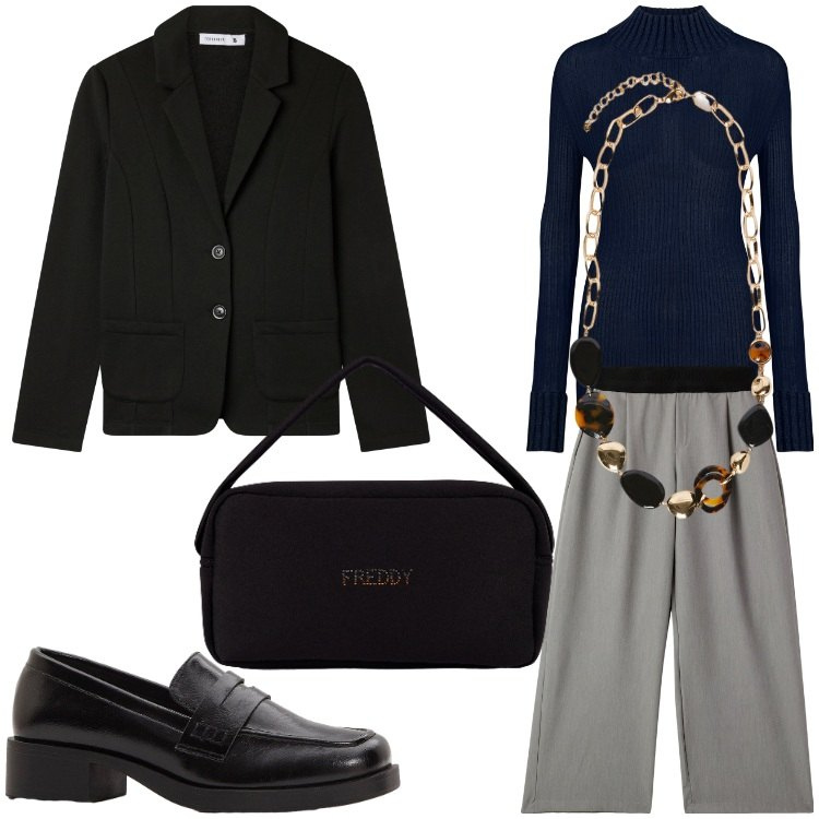 Outfit donna - Serata semplice. Stile Mannish per Serata fuori. Abbinamento con mocassini, blazer, pantaloni, borse a mano, maglieria, collane.